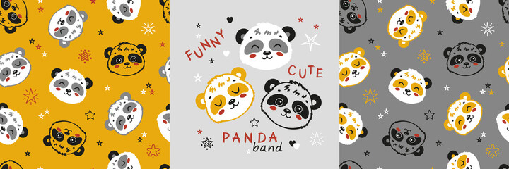 Seamless Patterns and Poster with Cute Panda and Star. Childish Background with Little Chinese or Bamboo Bear Faces. Vector Baby Funny Animals Drawing for Tee Print for Kids. Yellow, Gray, White Color