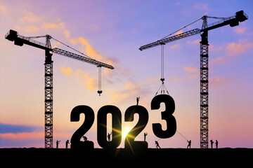 Vector silhouette of construction worker with crane and sky for preparation of welcome 2023 New Year party and change new business. Businessman engineer looking 2023 blueprint in a building site.