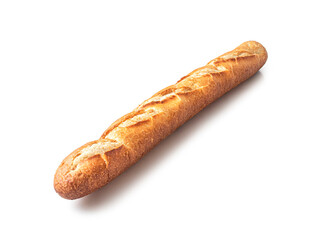 French baguette with a golden crust on a white background