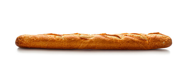 Long French baguette isolated on a white background. Side view