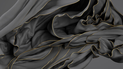 3d render, abstract fashion background with cloth folds, layers of floating black drape with gold...
