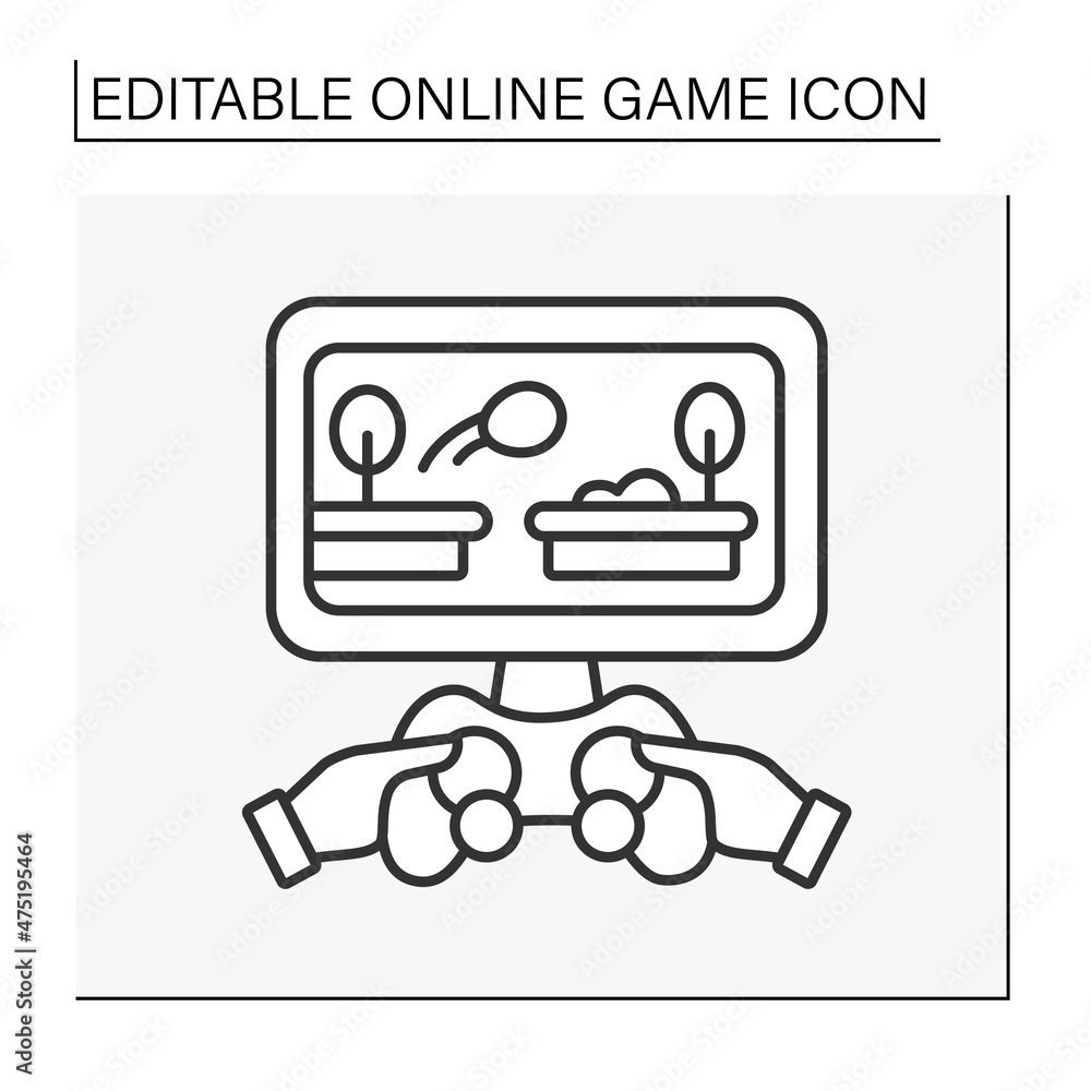 Poster platformer line icon. play jumping ball across variety platforms on computer screen with joystick. o
