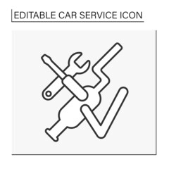  Muffler repair service line icon. Device on car exhaust that makes it quieter. Car service concept. Isolated vector illustration. Editable stroke