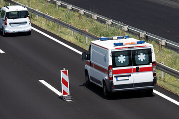 Ambulance. Special medical vehicles. Ambulance van on road. Ambulance service van on street. Ambulances drive on the new highway.
