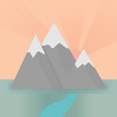 Landscape of Mountains with icy peaks, a river or stream during the sunset. Drawn in minimalist style, flat design. Tall mountain with snow, water underneath and pink orange sunset or sunrise. Hiking 