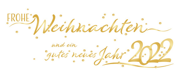 Frohe Weihnachten und ein gutes neues Jahr 2022 in gold auf weißem Hintergrund.