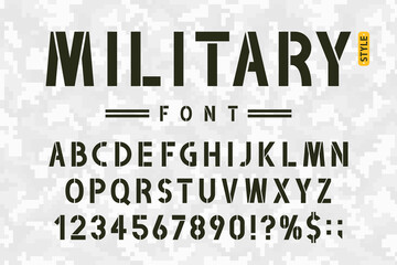 Military stencil font on camouflage background. Rough and grungy stencil alphabet with numbers in retro army style. Vintage masculine font for stencil-plate