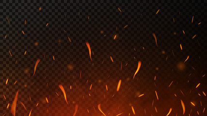 Fototapeta na wymiar Fire sparks on dark transparent background. Flying up sparks, burning fire particles with smoke texture. Realistic flame effect
