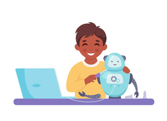 Fototapeta premium Little boy creating a robot. Robotics, programming and engineering for kids. Vector illustration