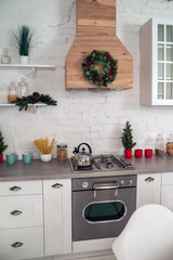Kitchen decor for Christmas, New Year. Kitchen details, place for text.