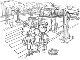 Children with backpacks cross the roadway on a pedestrian crossing, summer street, digital illustration for coloring