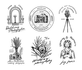 Wedding photographer badges and badges or logos. Photo camera for the holiday. Photography Community. Templates for Retro Studio, vintage store or shop. Hand drawn sketch for postcard, banners. 