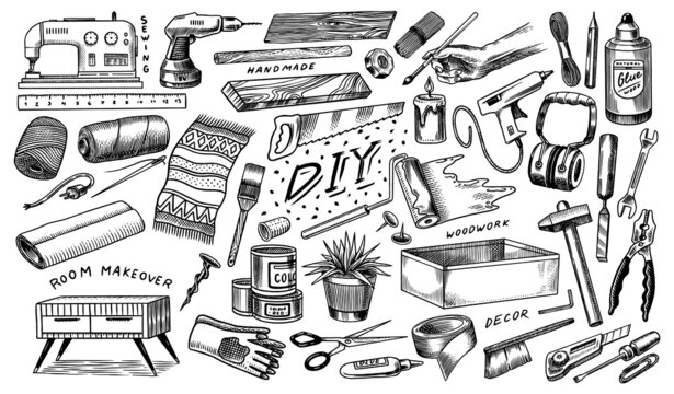 DIY icons. Hardware Shop concept. Glue, wood planks, sewing machine. Tools or instruments for home renovation. Banner poster template. Do it yourself. Engraved doodle vintage sketch hand drawn. 