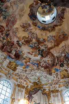 Beautiful decorative frescos inside the church Ettal in Bavaria