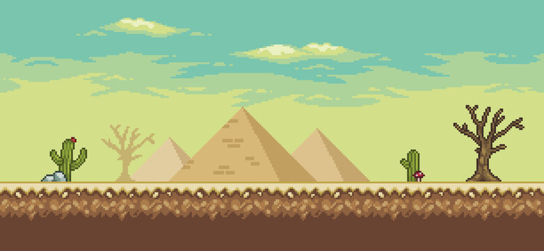 Pixel art desert game scene with palm tree, pyramids, cactuses, tree 8bit background