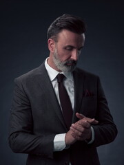 Portrait of a stylish elegant senior businessman with a beard and casual business clothes in photo studio isolated on dark background gesturing with hands