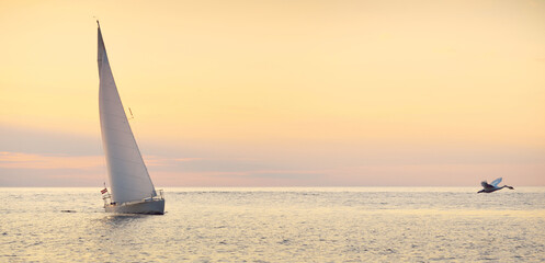 White sloop rigged yacht sailing in the Baltic sea at sunset. Clear sky after the storm, golden...