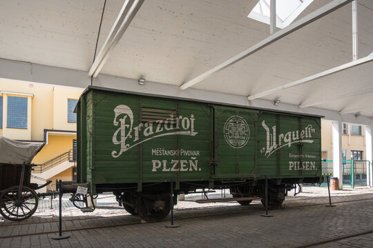 Plzen, Czech Republic, June 2019 - view of and old wagon used to transport Pilsner Urquell's beer all over Czech Republic