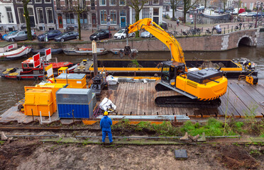 Renovation of the embankment on the canal in Amsterdam.