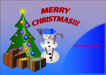 Grafika przedstawiająca bożonarodzeniową choinkę, wraz z kartonami zawierającymi prezenty obok których stoi bałwan z niebieskim garnkiem na głowie. - obrazy, fototapety, plakaty
