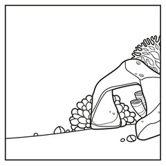 Simple square background with the stones, corals, and sponges linear drawing for coloring on a white