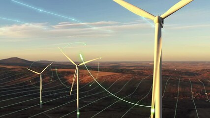 Futuristic Technology Concept. Aerial View of Wind Turbines Energy Production. Digital Network Over Ecology Safe Alternative Energy Source. Renewable energy production for green ecological world