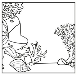 Underwater world simple square background with the stones, corals, shell and algae linear drawing for coloring on a white