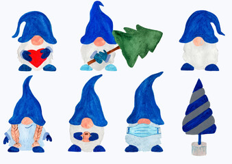 Set of cute blue northern gnomes, Christmas trees isolated on white background. Hand drawn watercolor painting.