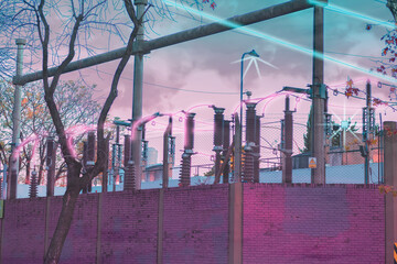 Scenic view of a energetic central edited with cyberpunk tones and digitally effects added