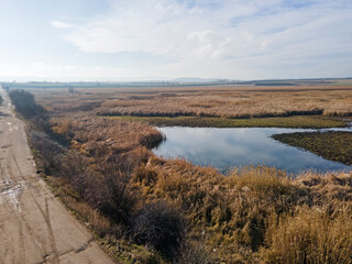 Fototapeta premium Aerial Autumn view of Aldomirovtsi marsh, Bulgaria