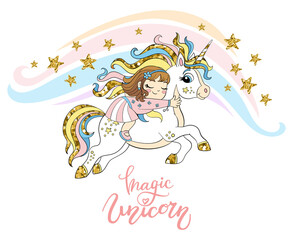 Cute flying unicorn and dreaming girl vector illustration