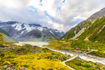 Panoramic View of Aoraki or Mount Cook National Park in the Canterbury Region of South Island, New Zealand