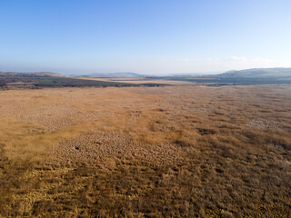 Aerial Autumn view of Aldomirovtsi marsh, Bulgaria