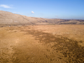 Aerial Autumn view of Aldomirovtsi marsh, Bulgaria
