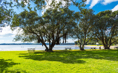 Panoramic View of Cockle Bay Park and Beach Auckland, New Zealand