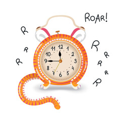 Greeting card with funny tiger alarm clock