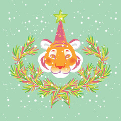 Greeting card with funny tiger in festive hat
