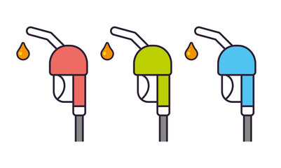 Gas fuel pump nozzle and drop isolated icons cartoon vector set. Gasoline or petrol filling station sign.