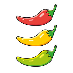 Red, yellow and green chili pepper isolated icons, hot spicy food flavor levels scale chart sign label, cartoon vector illustration.