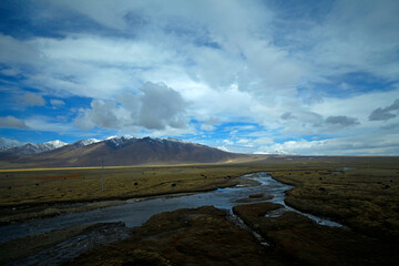 The blue sky white clouds and grassland snow mountain landscape