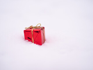 Red christmas present on the snow. Gift, Present. Merry christmas, handing a gift, joy