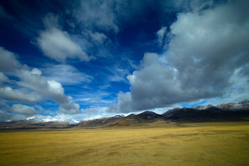 The blue sky white clouds and grassland snow mountain landscape