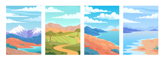 Colorful beautiful nature landscapes, mountains, hills, beach and summer field vector illustration 