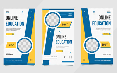 Set of social media stories templates with geometric background and circle frame for Online Education