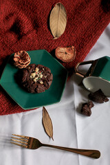 Delicious homemade chocolate Christmas cookies. Natural handmade organic snakes for healthy breakfast. Space for text