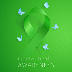 Mental health awareness. Green ribbon loop appears from the emerald background. Five light blue butterflies meditative circling around the sign. Vector sticker for spring mental health care campaign