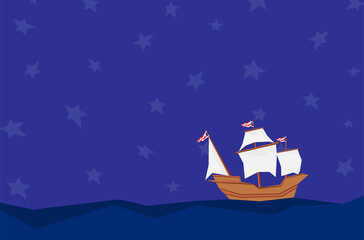 An illustration of a ship sailing on the sea and with some stars at the sky