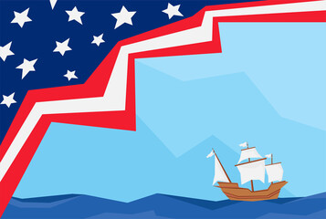 Columbus Day background with American flag and a sailing ship on the sea