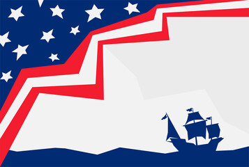 Columbus Day background with American flag and a silhouette of ship 