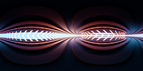 Neon lights and tunnel, 360 degree panorama, 3d rendering.